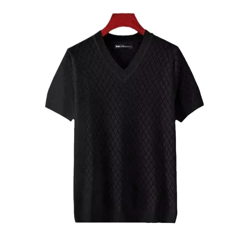 Men's ice silk Korean style short sleeve T-shirt available in white or black with V-neck or round neck options.