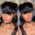 Black Brazilian synthetic wig with fringe and front short, back long hairstyle.
