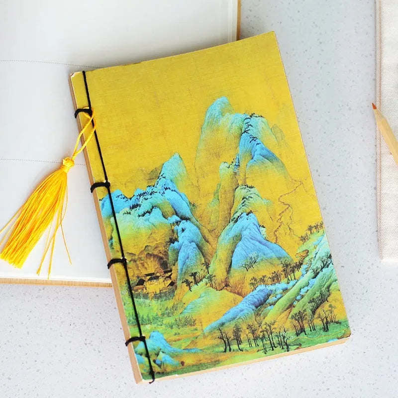 A5 antique wire-bound notebook with retro painting cover, wax rope binding, and tassels