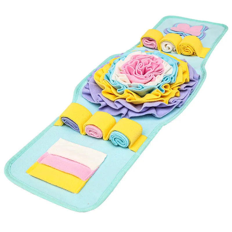 Blue pet sniff mat watch-style dog training pad with anti-slip rubber base and fleece strips for treat hiding