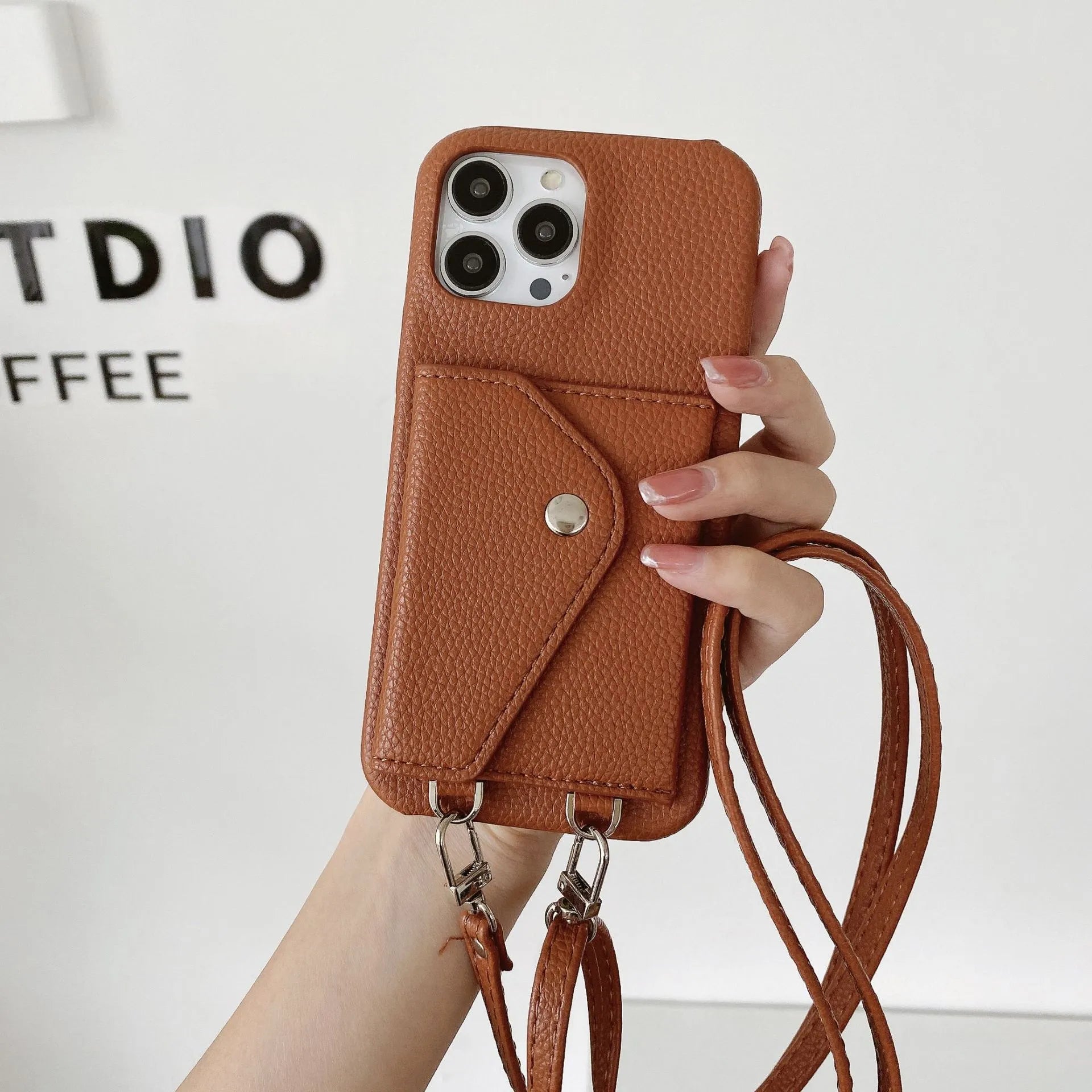 Lychee pattern triangle veil card holder crossbody phone case for iPhone 13 14 15 with lanyard, black colour