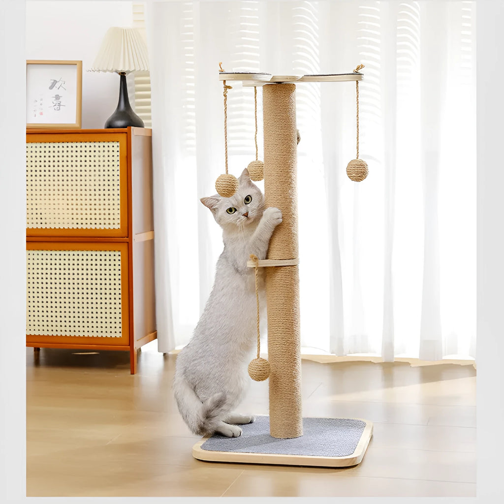 Windmill colour cat climbing frame with a hanging ball toy, made from pine wood and carpet leather.