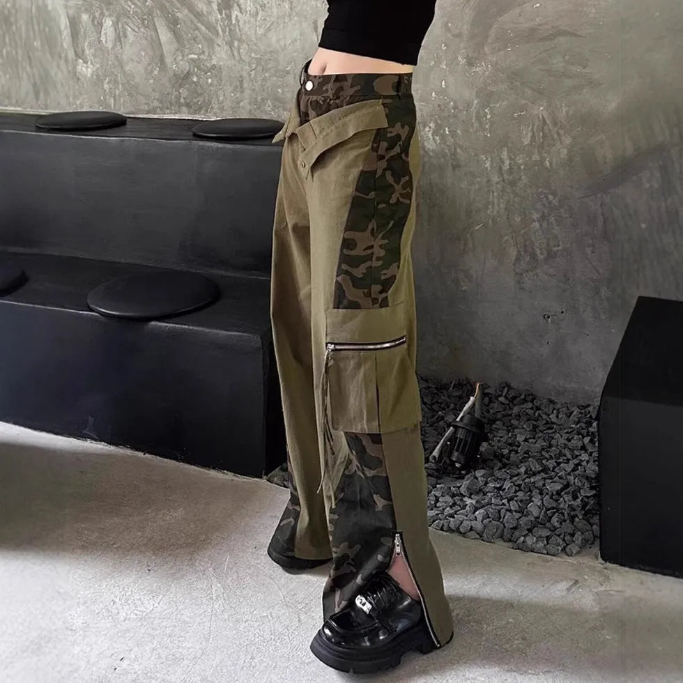 Women's dark khaki leopard print high waist straight leg jeans with contrast stitching detail.