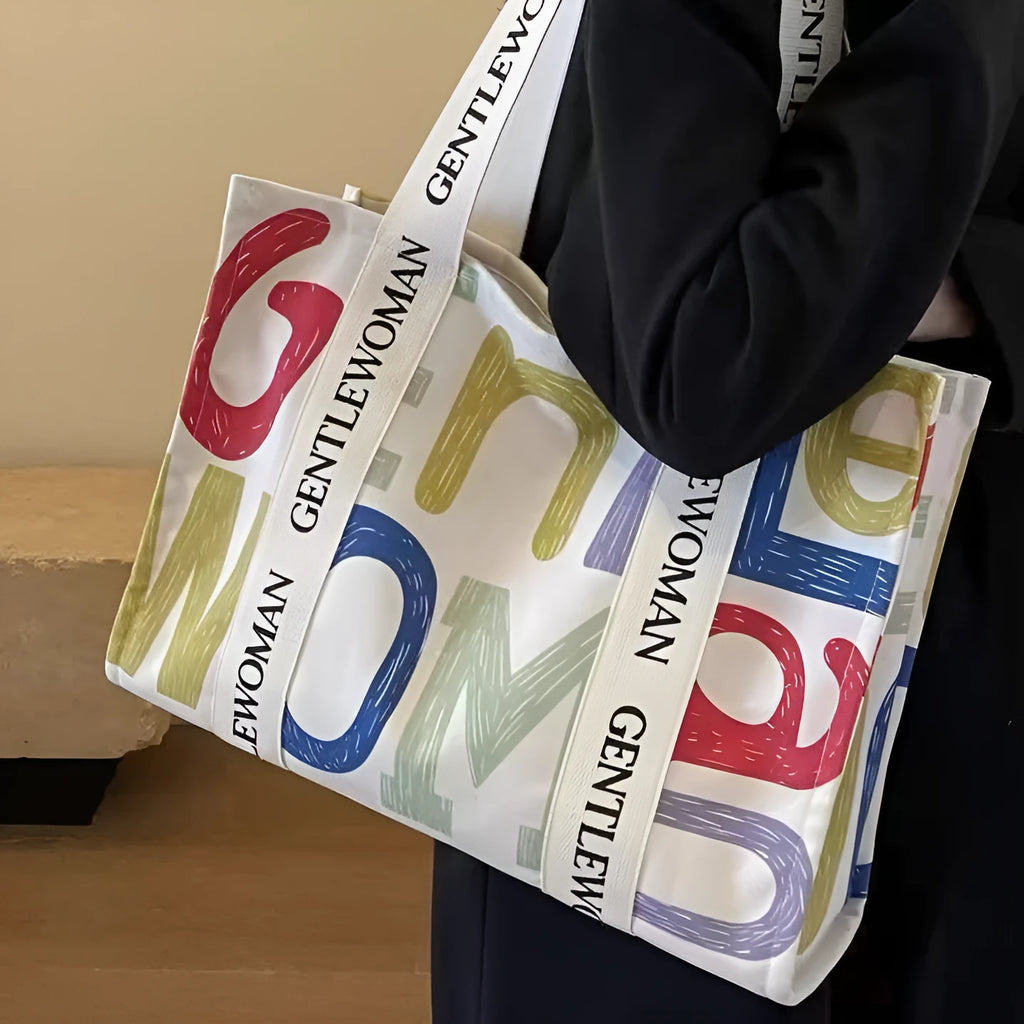 Large capacity cotton canvas tote bag with printed design options including black letter, coloured letter and pattern styles