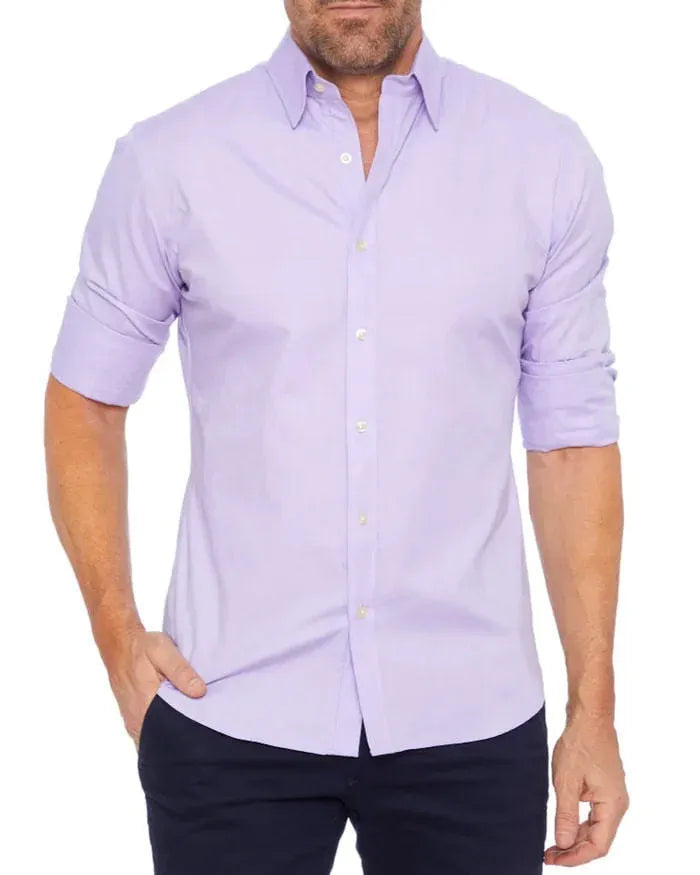 Men's long sleeve zipper shirt with button lapel, solid colour, slim fit cotton blend top