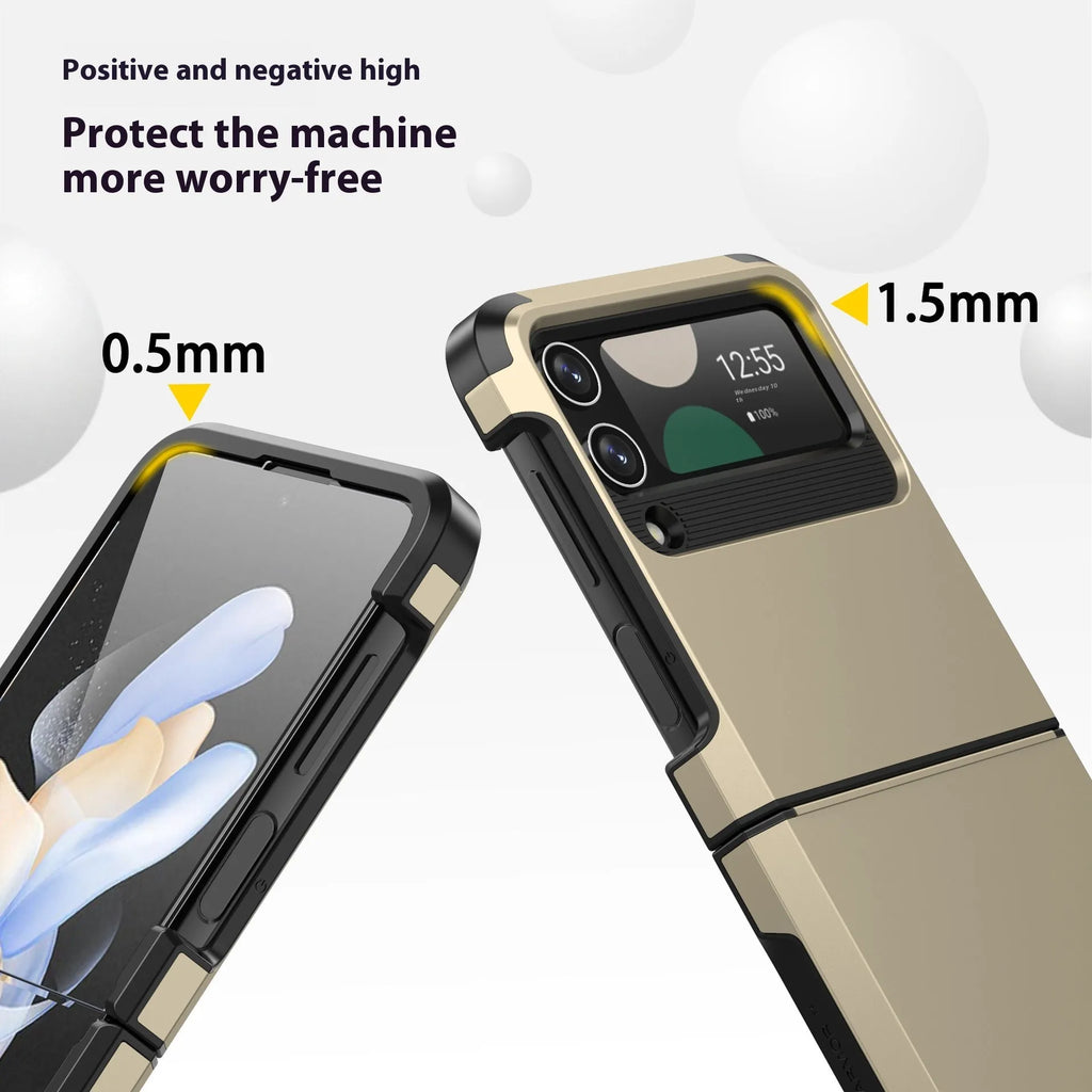 Armour hinge integrated hard PC protective case for Samsung Z Flip showing hinge coverage and contrast colour finish.