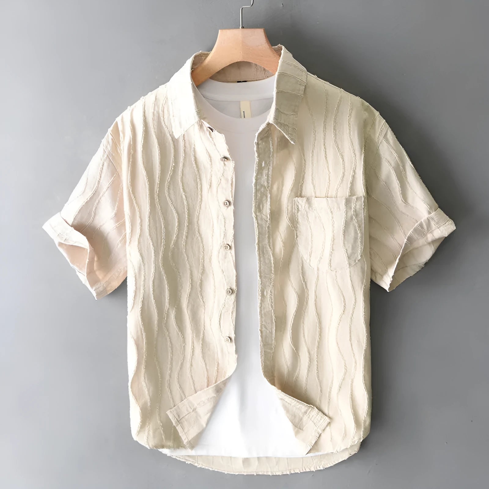 Men's apricot and army green pure cotton short sleeve casual shirt with Japanese fresh styling