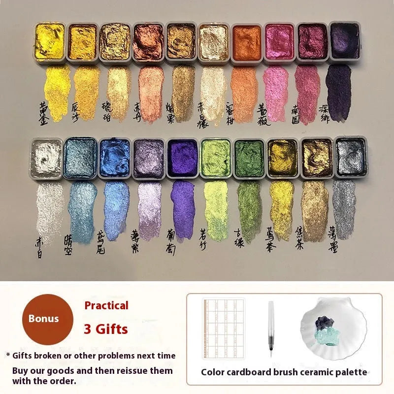 Traditional Chinese painting mineral pearlescent watercolour set showing tubes of red, white, gold, and warm and cool colour palettes.