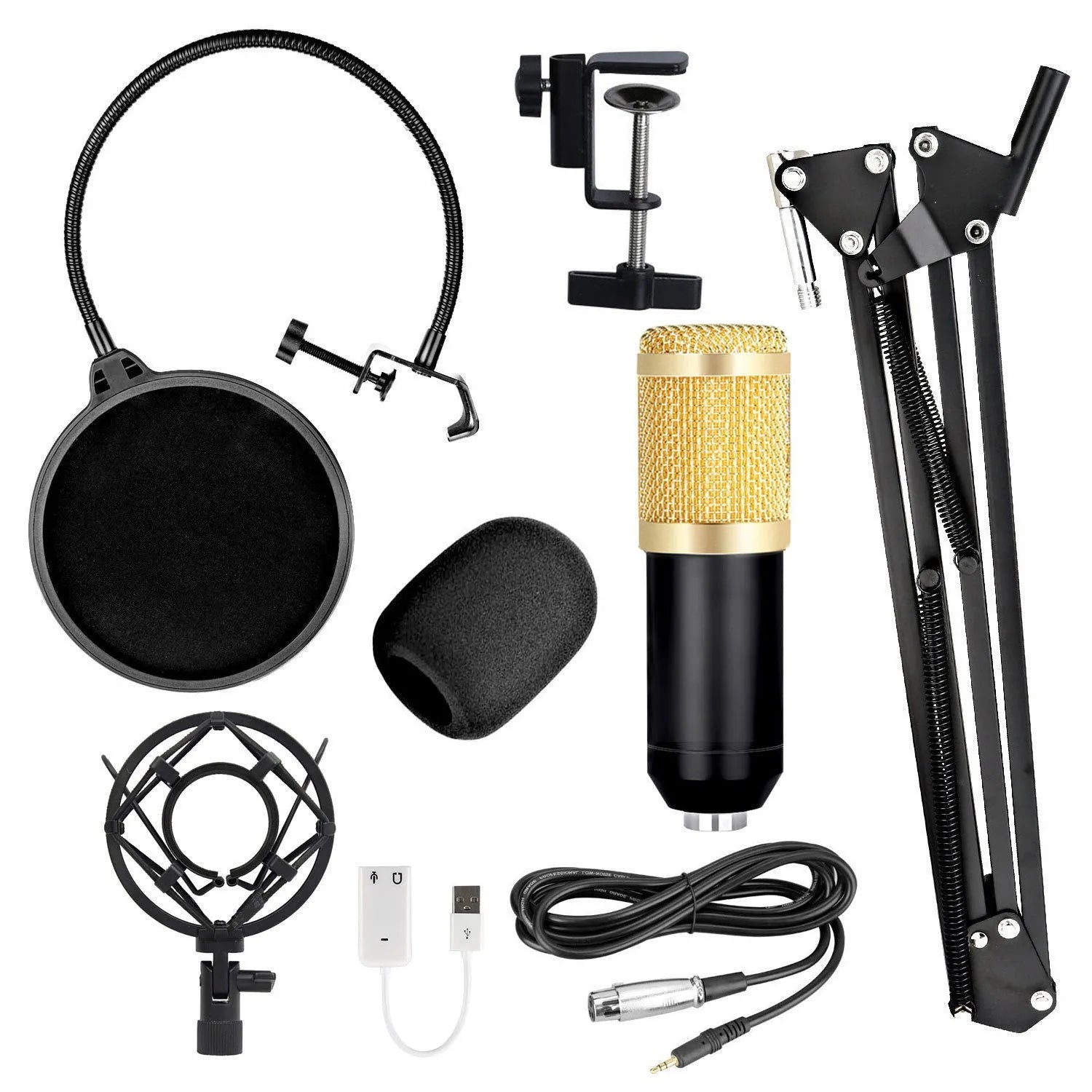 Condenser microphone with metal shock frame and power supply set, 165x47mm