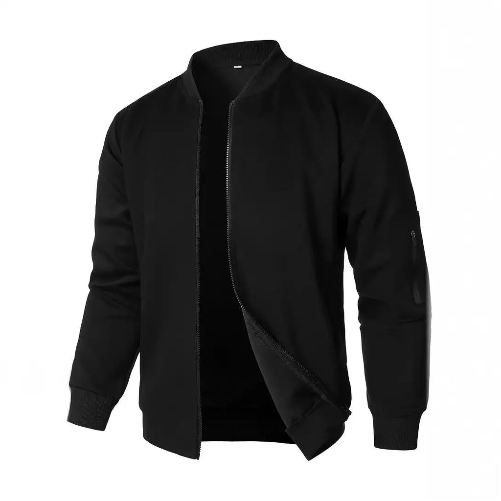 Men's loose fit cotton knitted jacket with long sleeves in grey, blue, and black.
