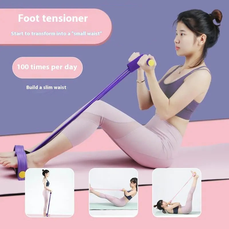 Four-piece yoga fitness set with leg stretcher, pedal device, ring, and tension rope for home exercise.