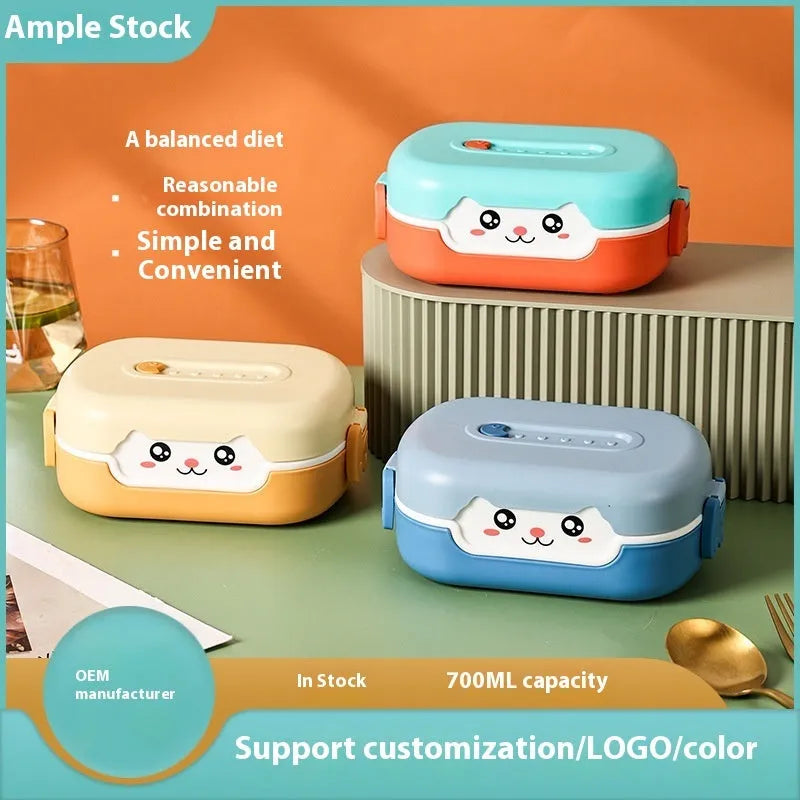Square divided plastic lunch box with cartoon design in dark blue, orange yellow, or pink and green colours