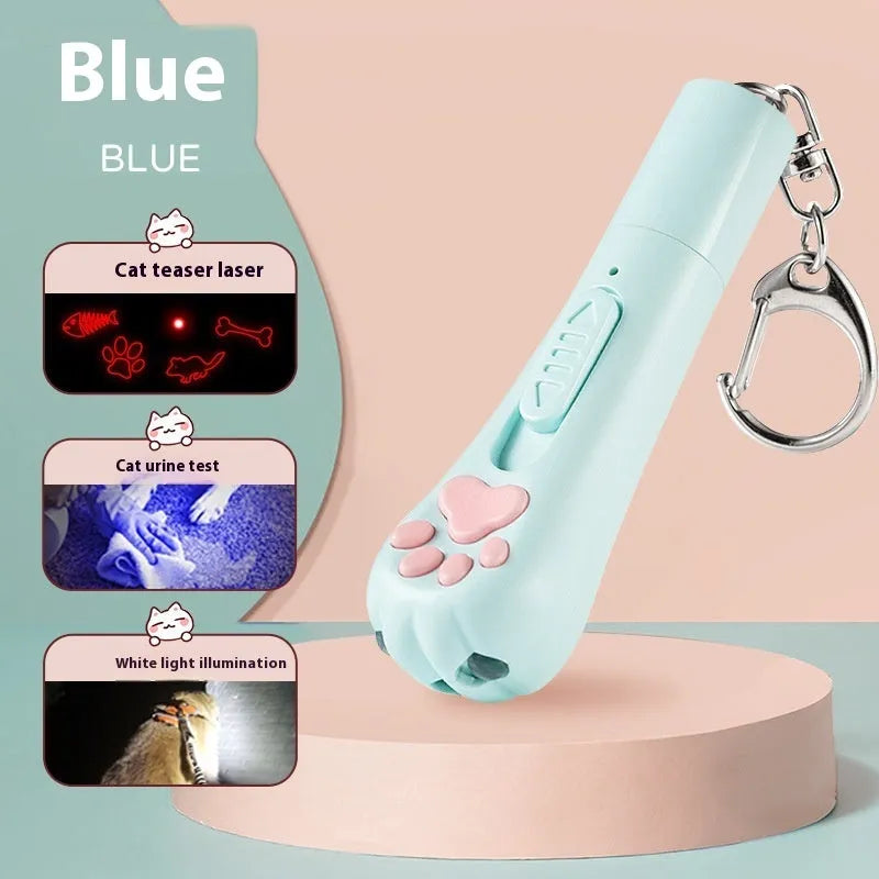 Colourful cat teaser wand toy with feather attachment and pen light charger for interactive play.