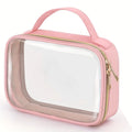 Clear PVC cosmetic wash bag with chain handle showing lipsticks inside, in leopard print colour.
