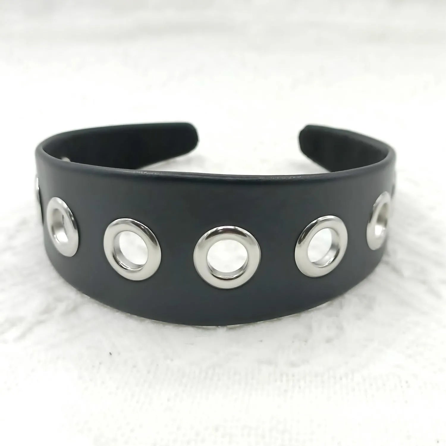 Black wide handmade artificial leather headband with round and square rivets