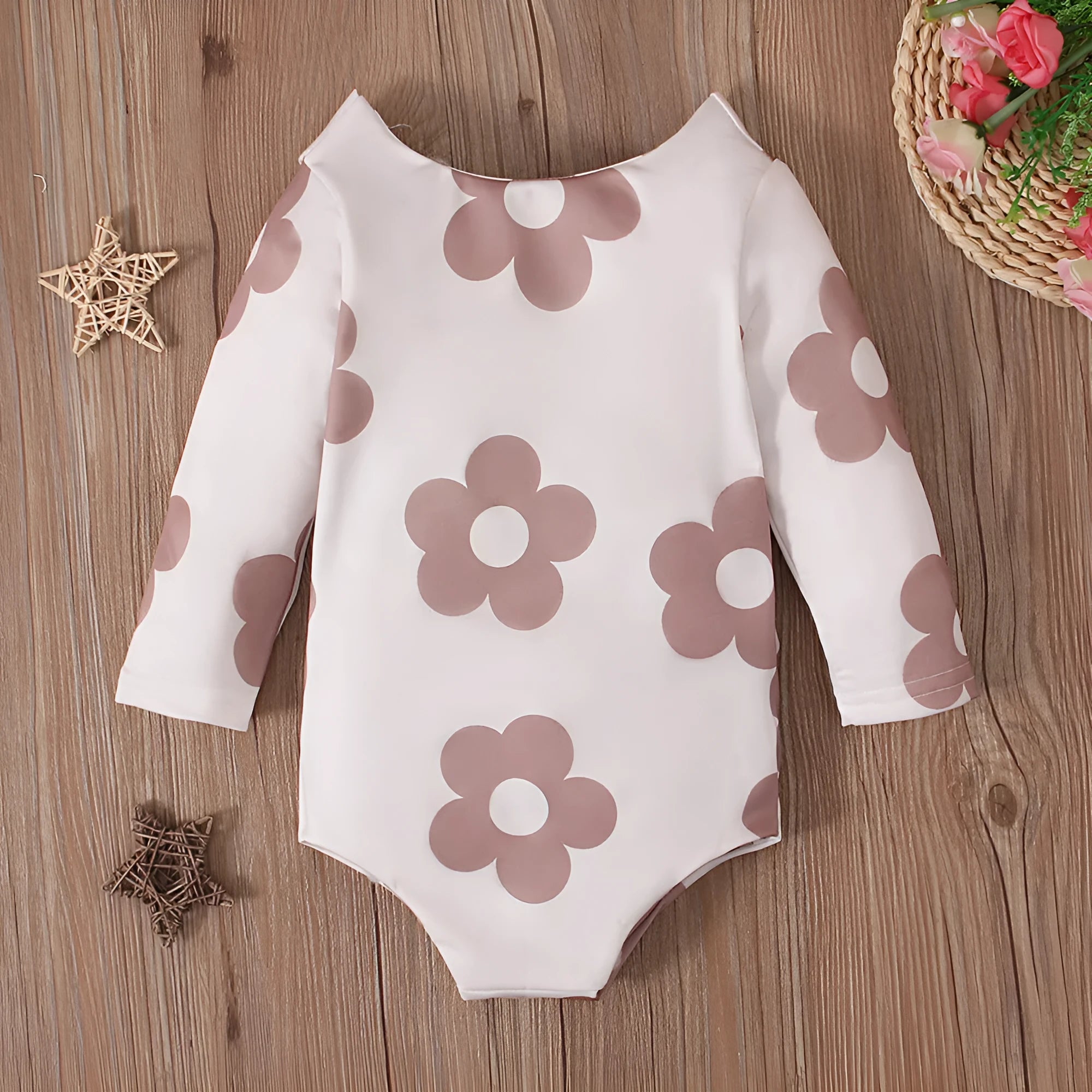 Girls' white long sleeve swimsuit with small flower pattern, triangle romper style, polyester blend