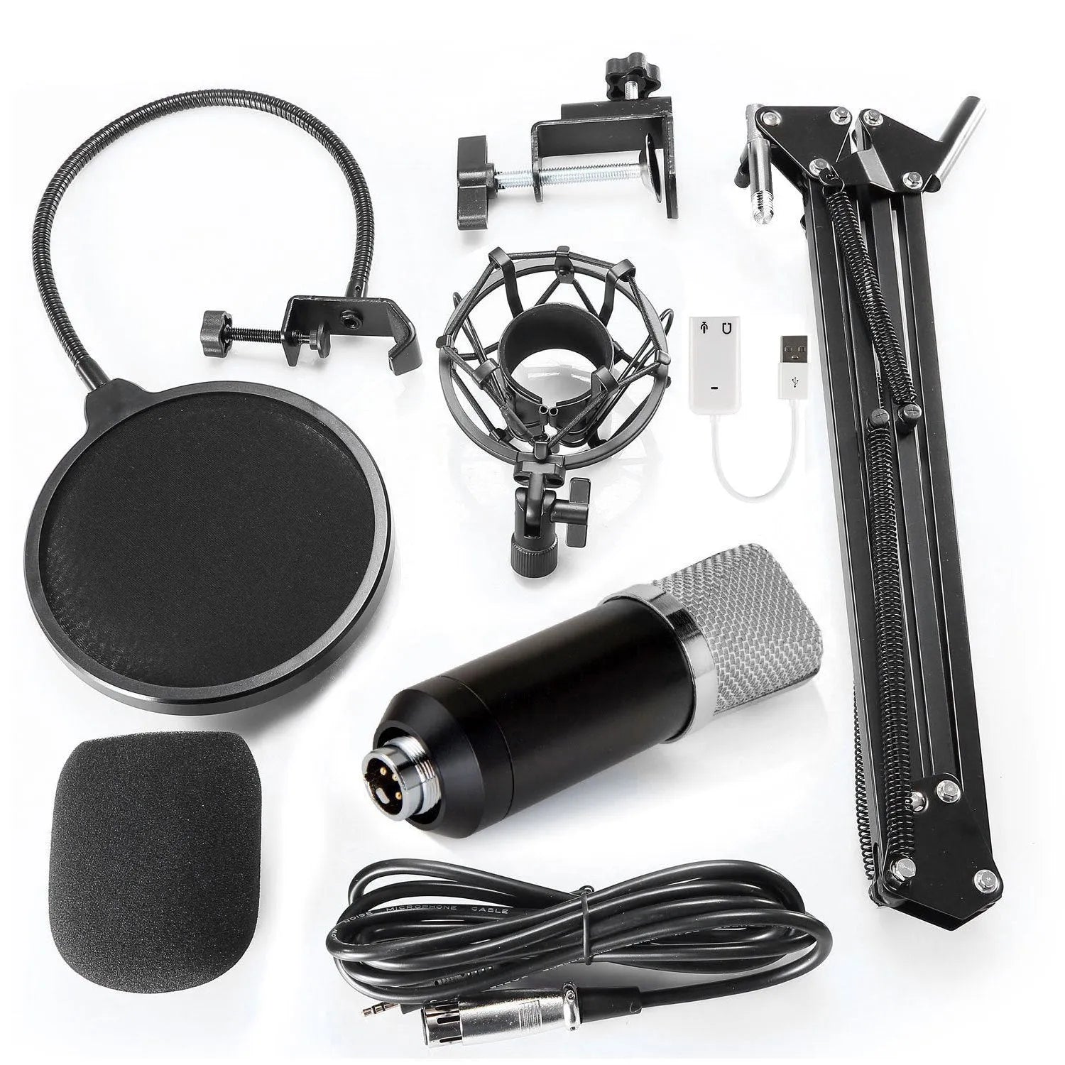 Condenser microphone with metal shock frame and power supply set, 165x47mm
