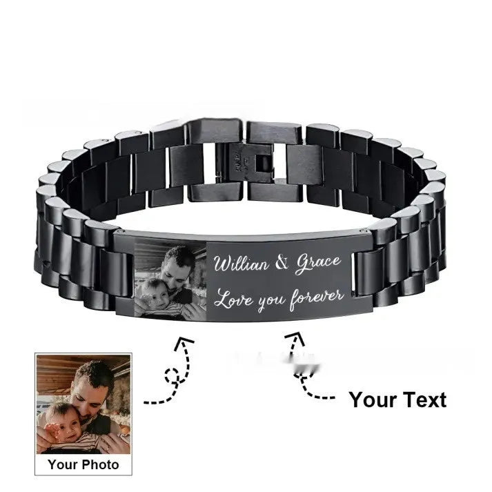 Titanium steel bracelet with curved heart-shaped piece featuring black lettering design