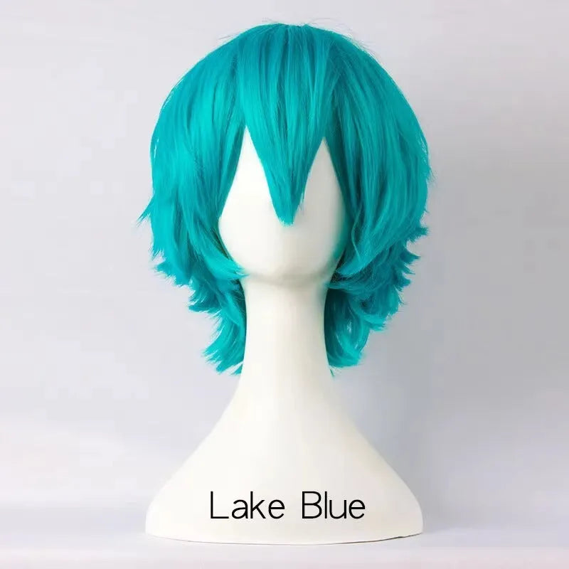Short cosplay wig for men with lengthened tail and anti-curling mechanism in anime style