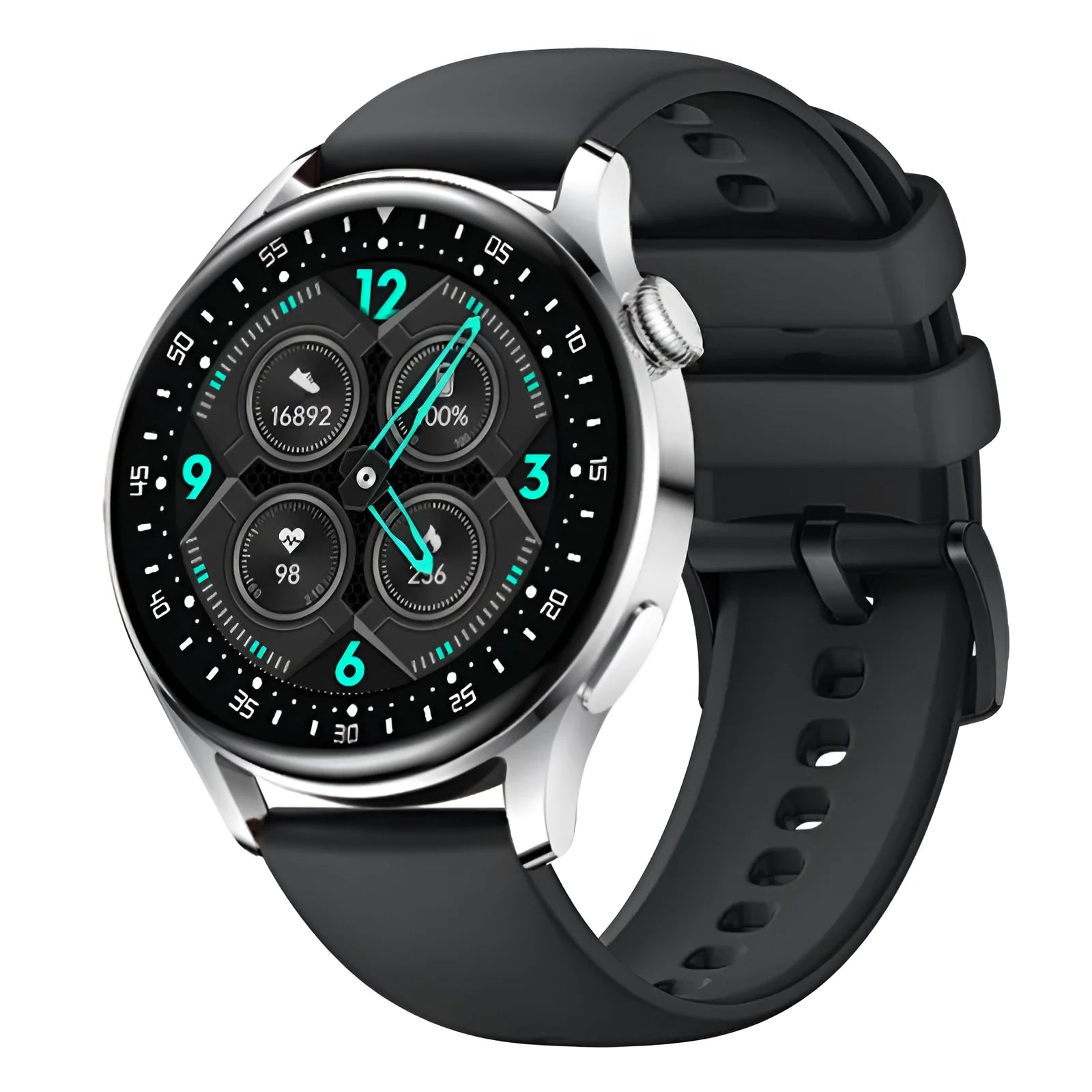 Smart watch with 1.32-inch touchscreen display showing health metrics on leather wristband