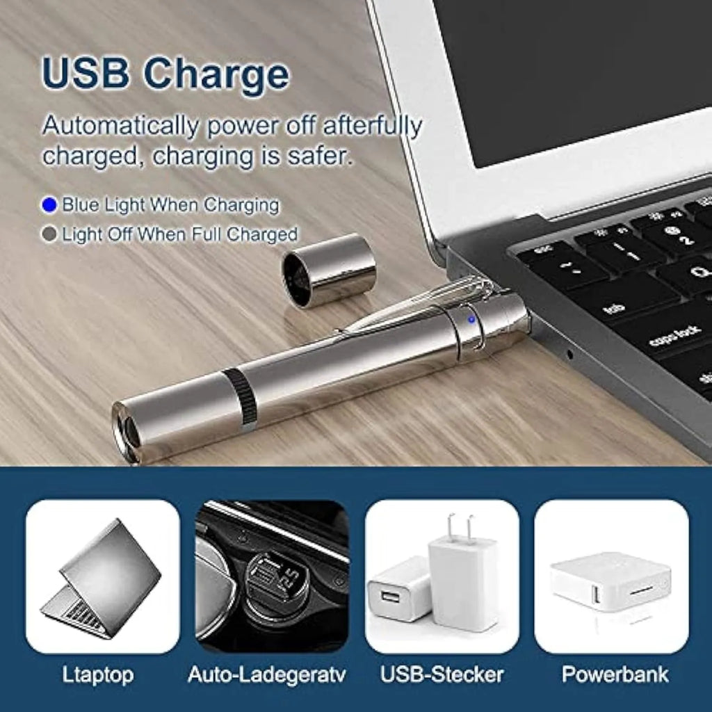 Silver aluminium cat laser toy pointer with USB charging port and pattern projection modes.