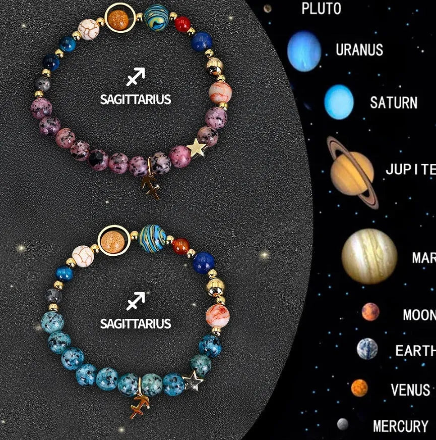 Natural stone zodiac beaded bracelet set showing two matching bracelets with astrology-themed design