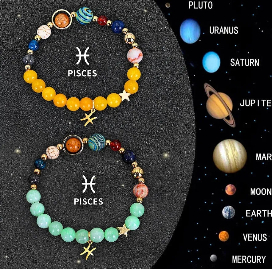 Two natural stone beaded bracelets with a metal zodiac animal charm, showing the set for one Chinese zodiac sign.