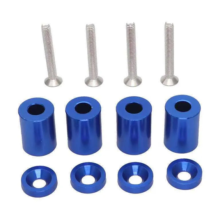 Aluminium machine cover pad height spacer kit with screws, nuts, and washers in red, blue, and black colours.
