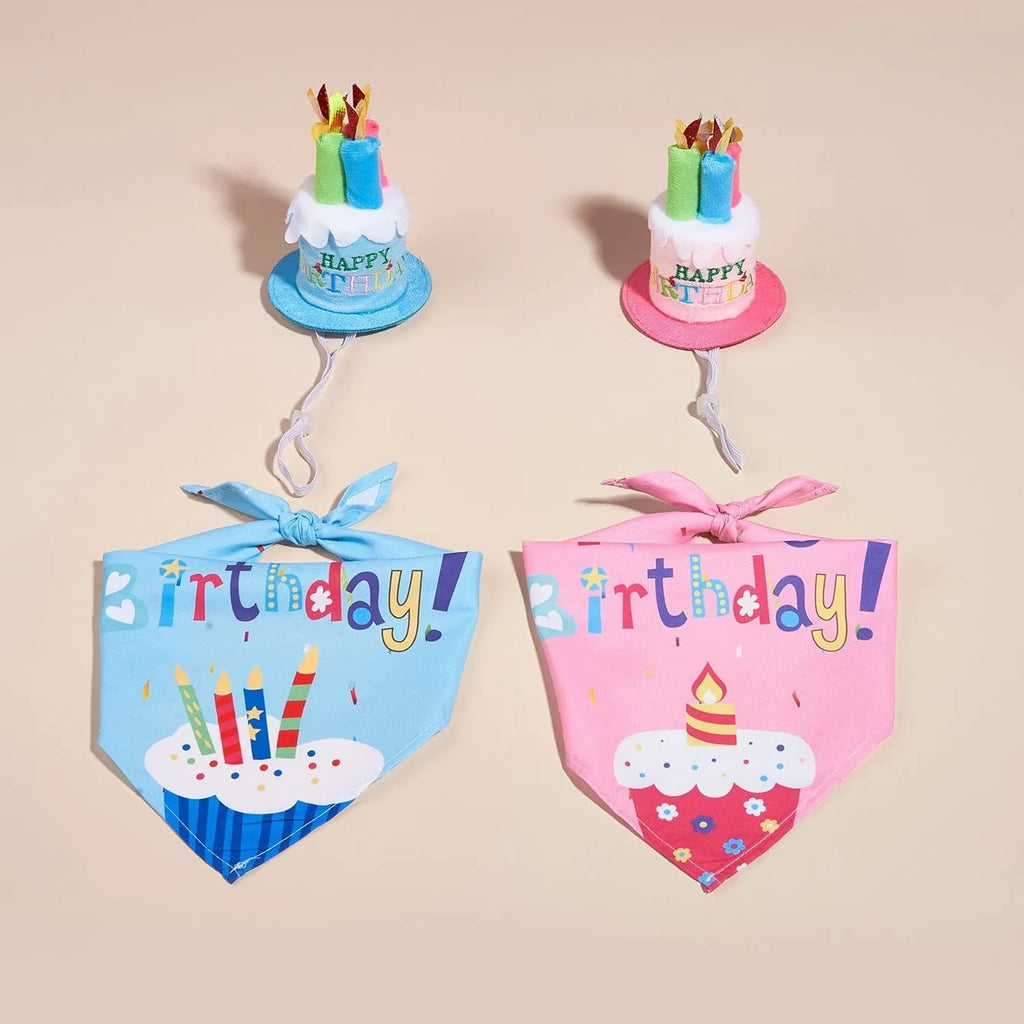 Printed polyester dog birthday hat and drool towel set in blue with creative triangular binder design