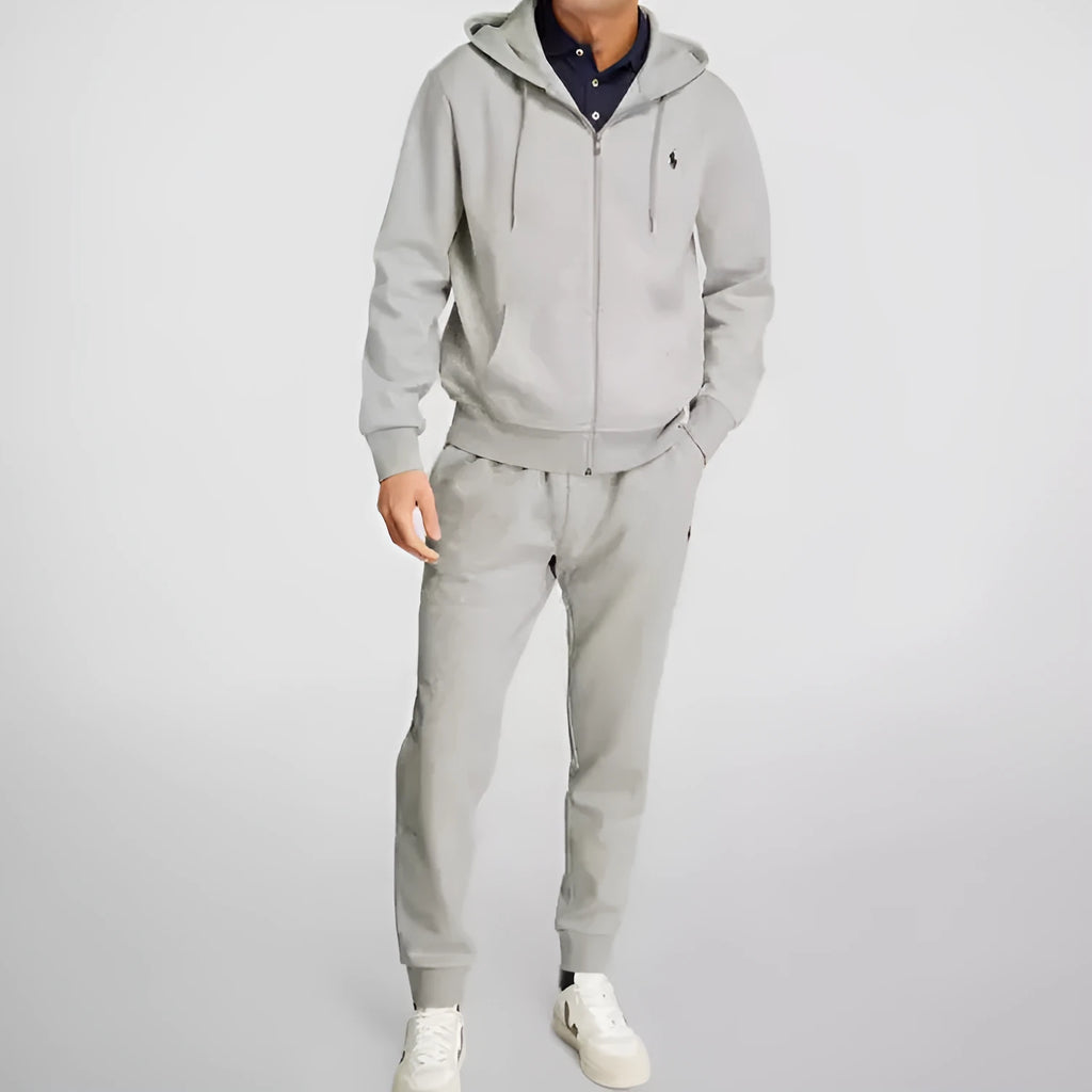 Men's casual polyester fiber sweater suit hoodie and pants set in black, gray, and navy blue