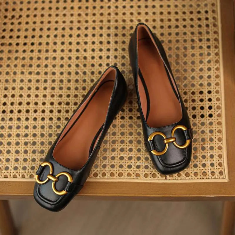 Women's Wanwan Lei style black low heel pumps with square toe and high heel over 8cm on rubber sole.
