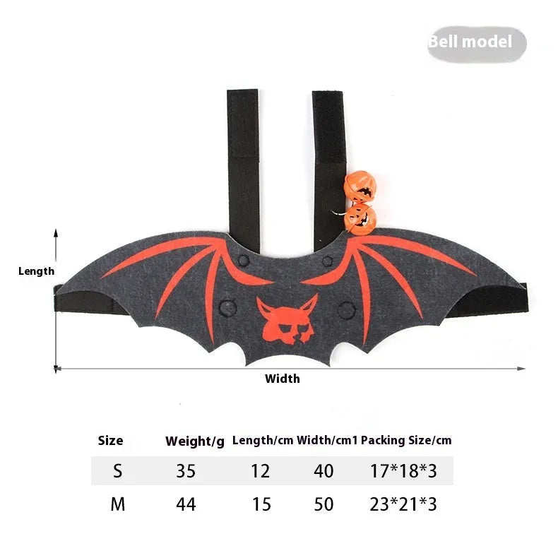 Black felt batwing Halloween costume for a cat, shown in pumpkin bat design