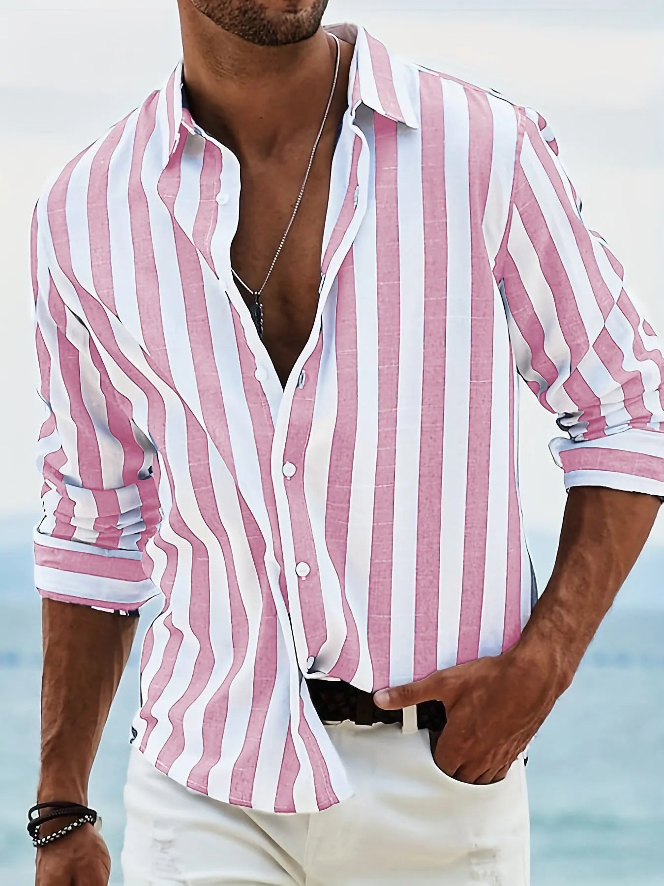 Men's loose-fit striped long-sleeved casual shirt in a light grey colour, showing cardigan style.