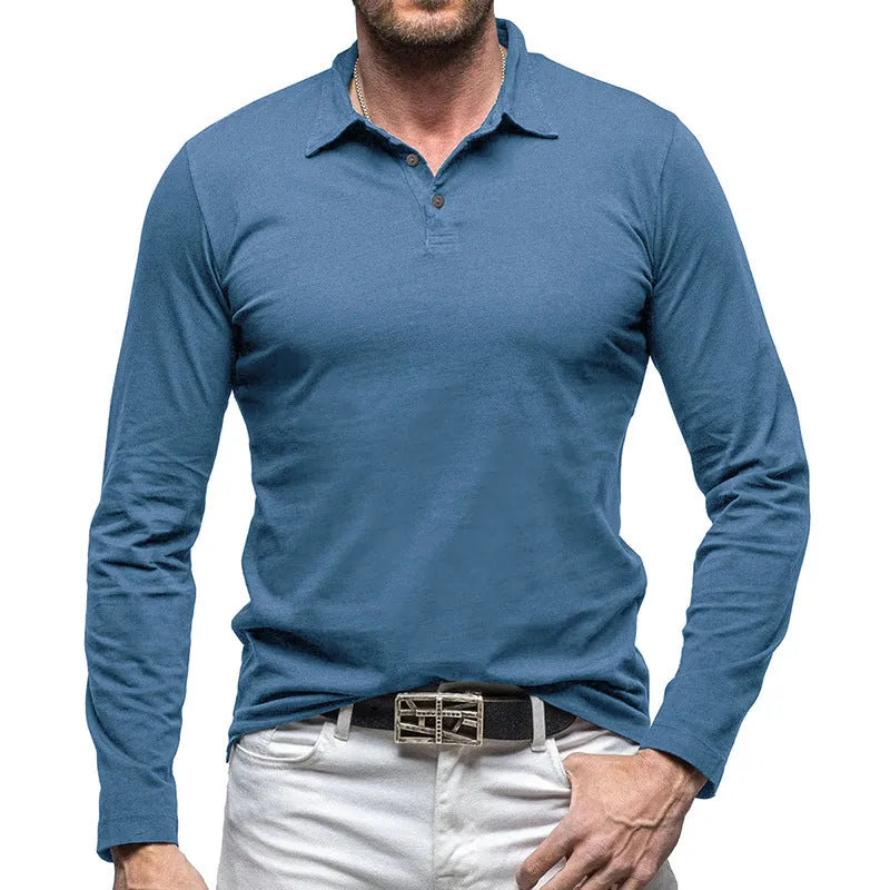 Men's long sleeve polo collar cotton T-shirt in American retro style shown in dark grey