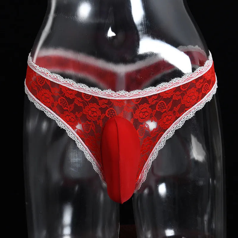 Qing He men's lace underwear briefs with vertical bag egg design in black colour.