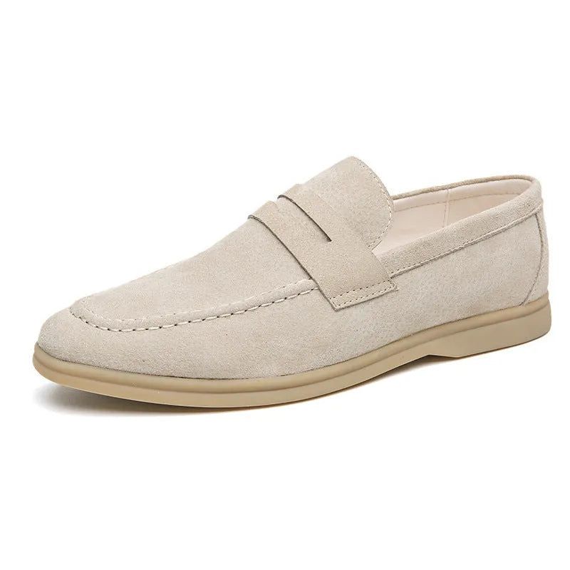 Men's slip-on leather casual shoes in black with mid heel and rubber sole