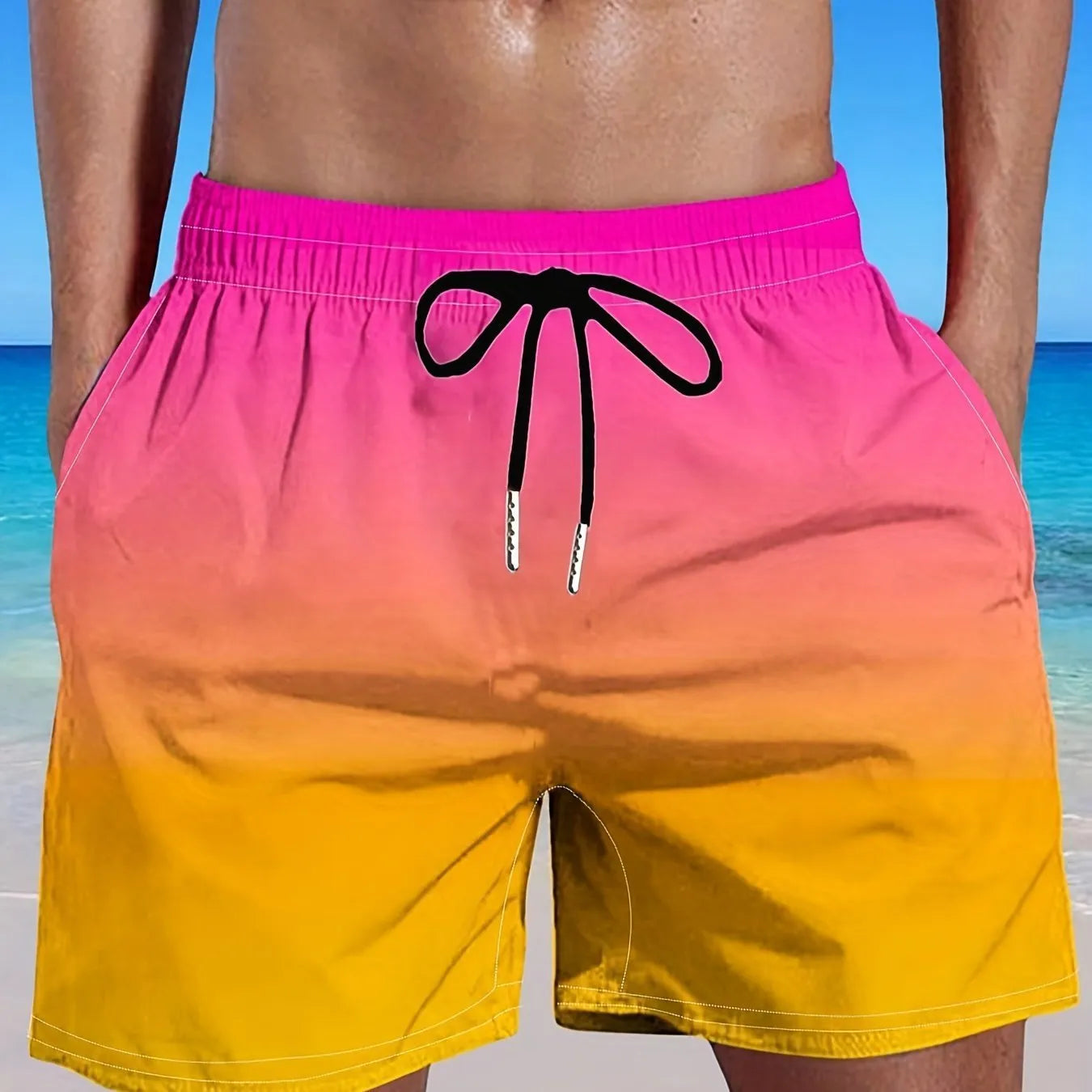 Man wearing grey gradient 3D printed mesh sports shorts against a plain background.