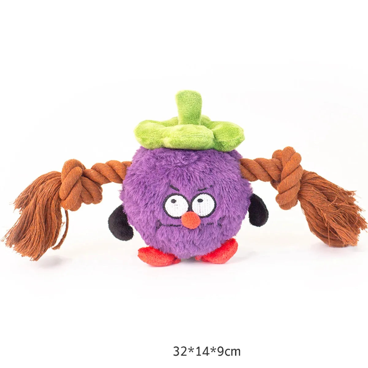 Green and purple plush rope knot dog toy for tug of war and dental care.