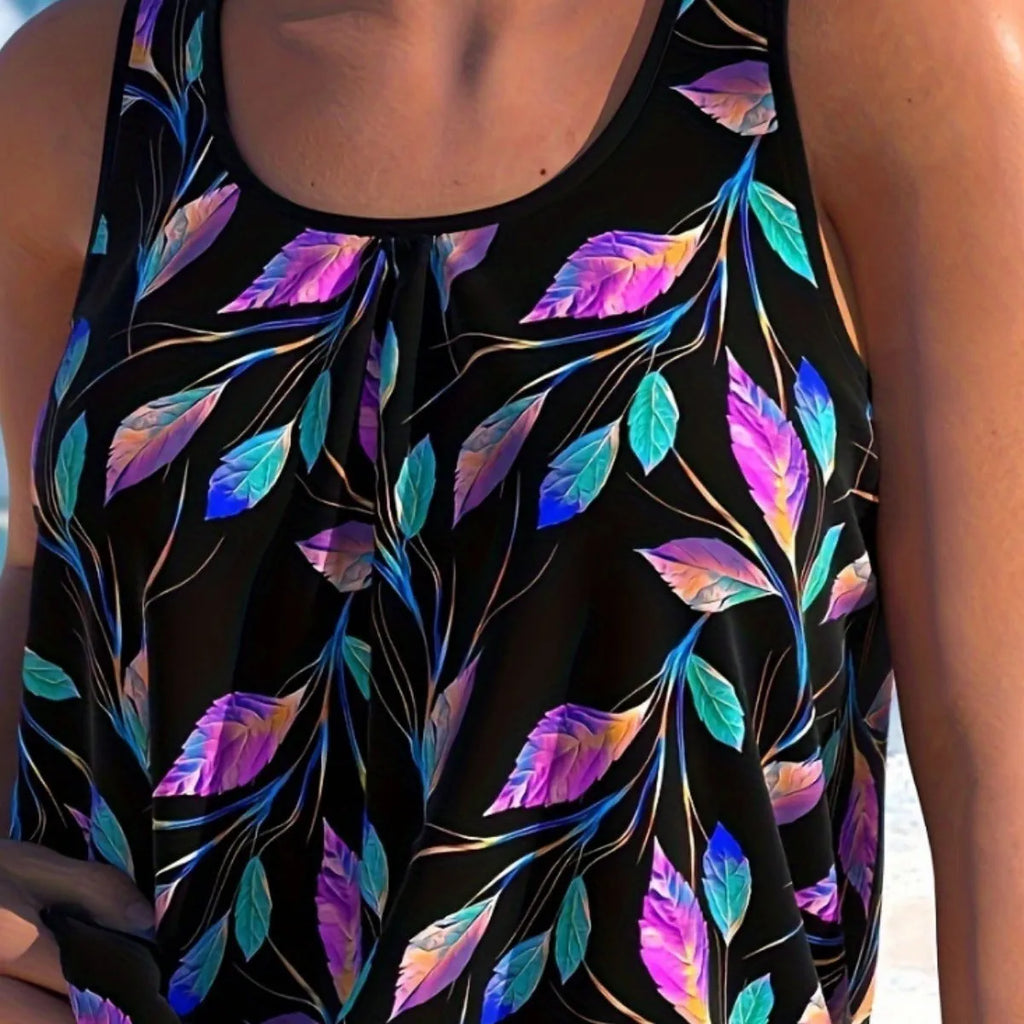 Women's plus size leaf print two-piece swimsuit in polyester fabric