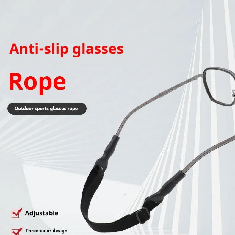 Black adjustable glasses cord with silicone earpiece ends on eyewear