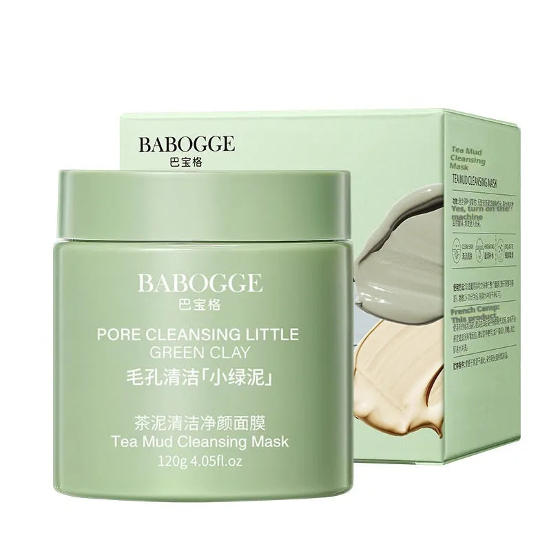 Tea mud cleansing clay facial mask in a 120g container, a non-pulling dry daub-type formula.
