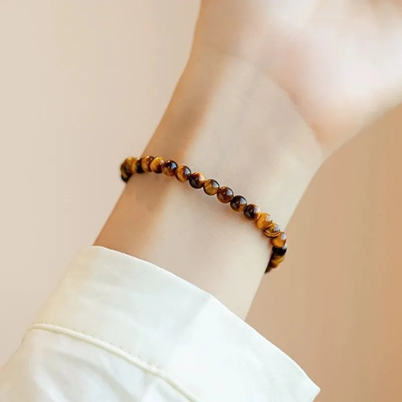 Tigereye stone bracelet with geometric design and spherical beads in New Chinese style