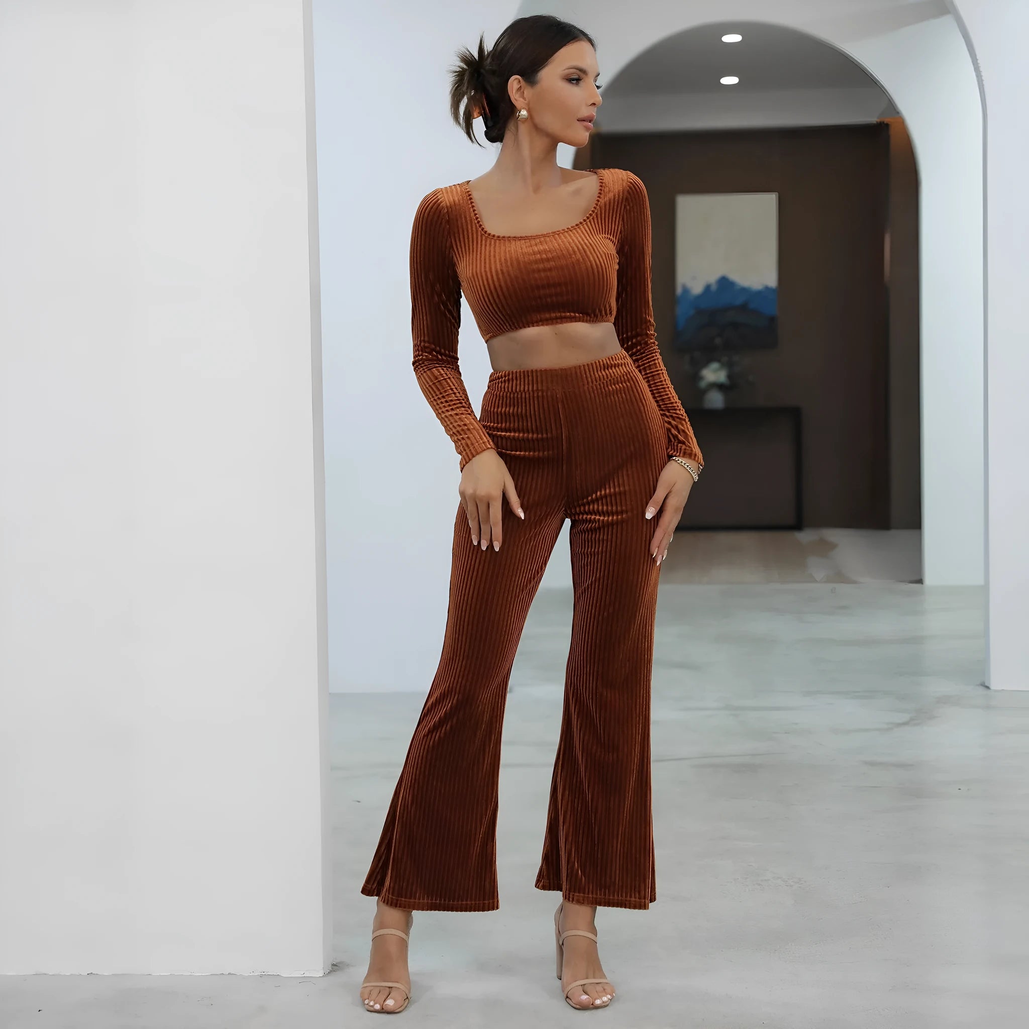 Caramel coloured long sleeve casual sweater set with matching trousers