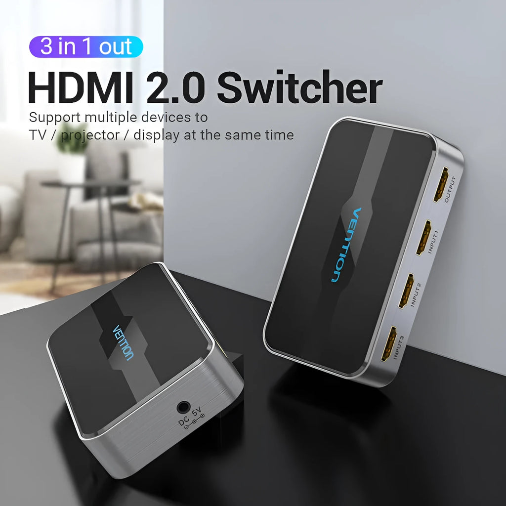 Grey three-in-one-out HDMI switcher with remote control and 4K 30Hz support