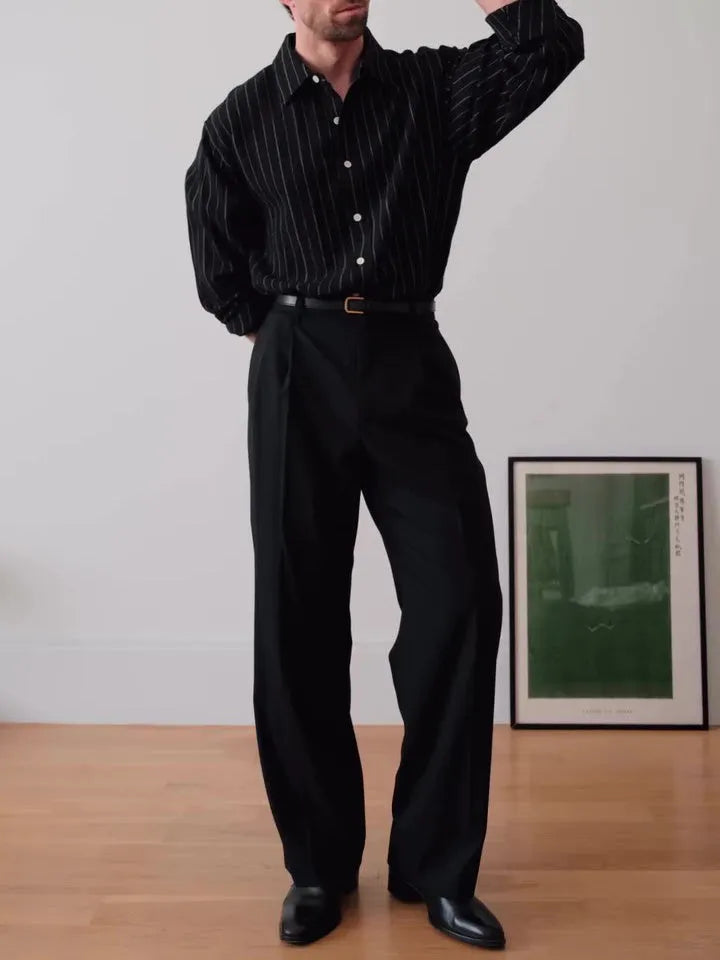Black pinstriped button-down shirt with regular fit and long sleeves