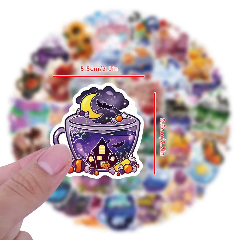 Pack of 50 colourful tea cup graffiti stickers in a Nordic style for waterproof DIY decoration.