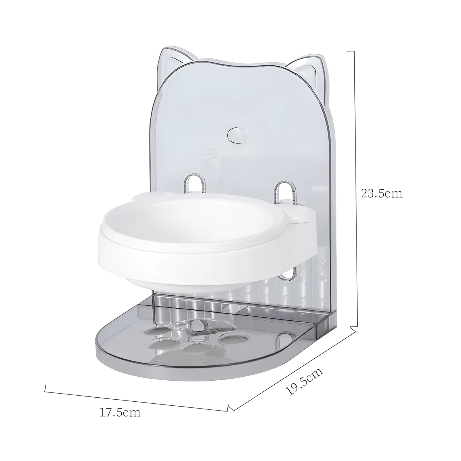 Grey cat feeding bowl with cat ears neck protection collar and adjustable height mechanism