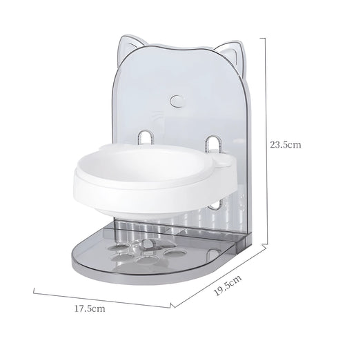 Grey cat feeding bowl with cat ears neck protection collar and adjustable height mechanism