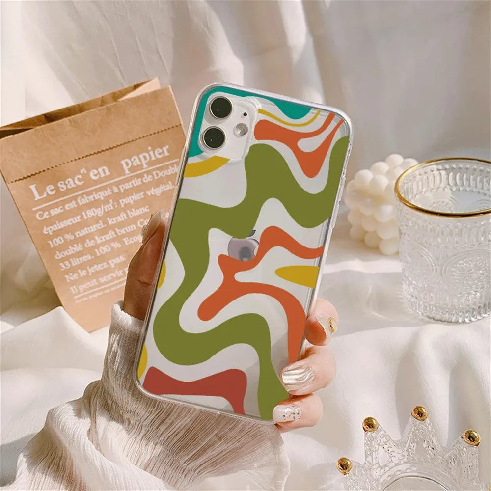 Striped wave transparent TPU soft shell phone case for iPhone 13 14 15 series with fall protection