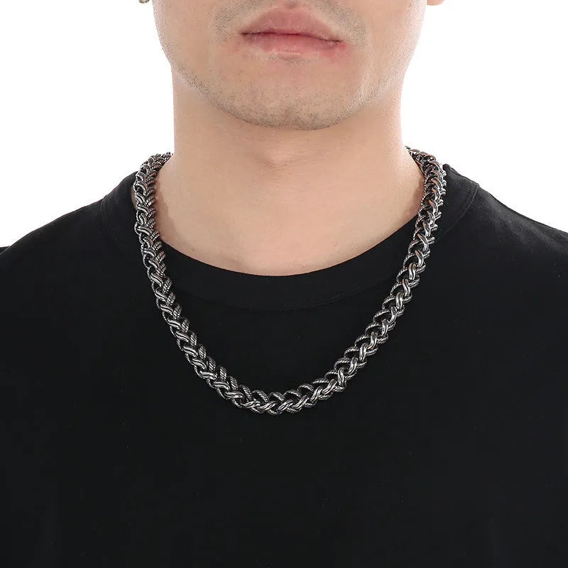 Men's titanium steel chain necklace with large hemp flower links in antique silver finish